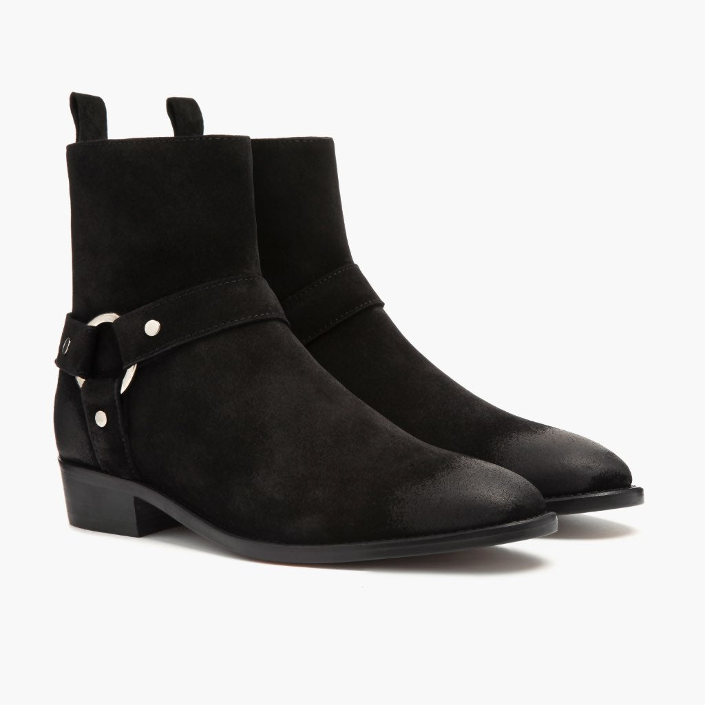 Harness 经典黑 Suede 真皮工装靴马丁靴 男士 in Black Goatskin Suede - 侧面轮廓视角 | 官方商城选购