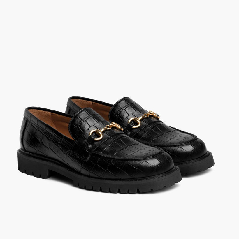 Penny 黑色 & Gold Croco Leather Loafers 女士