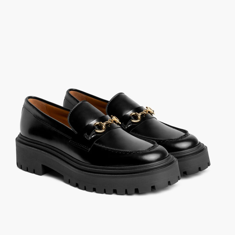 Penny Platform 黑色 & Gold Leather Loafers 女士