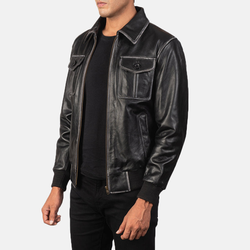 Aaron 黑色 真皮飞行员夹克 男士