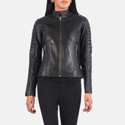 
Black Sheepskin Leather Biker Jacket - 展现肩线贴合与利落下摆的背部视角