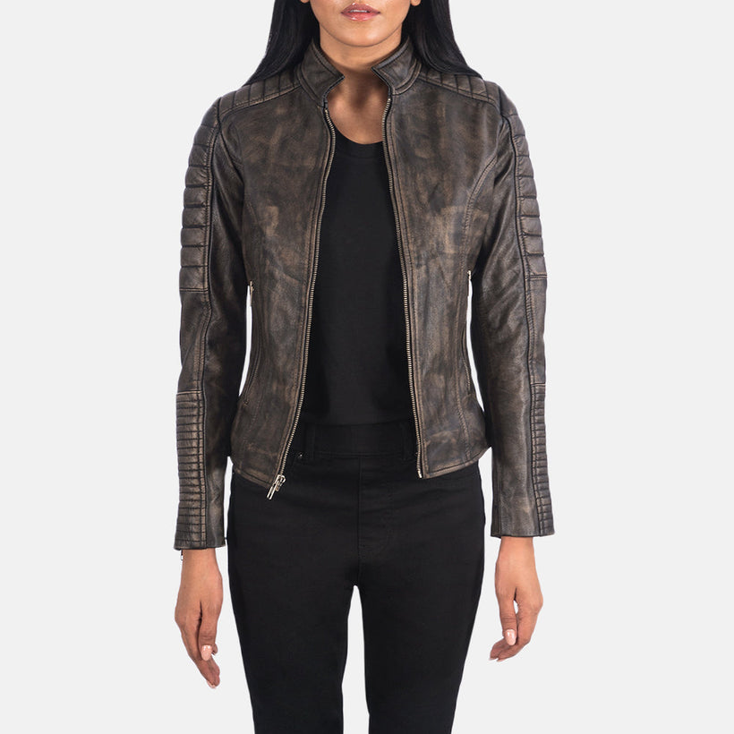 Adalyn Quilted Distressed 棕色 真皮机车夹克 女士