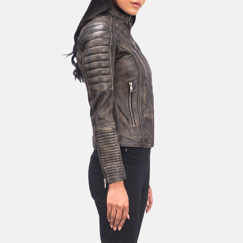 Adalyn Quilted Distressed 棕色 真皮机车夹克 女士