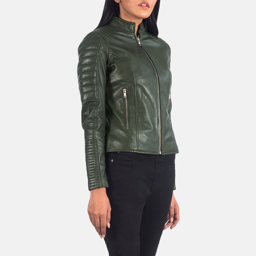 Adalyn Quilted Green 真皮机车夹克 女士