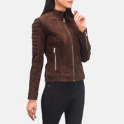 Women's Adalyn Quilted Mocha Suede 真皮机车夹克 女士 - Lateral Side Profile View Showing Sleeve Cut &amp; Athletic Taper Fit