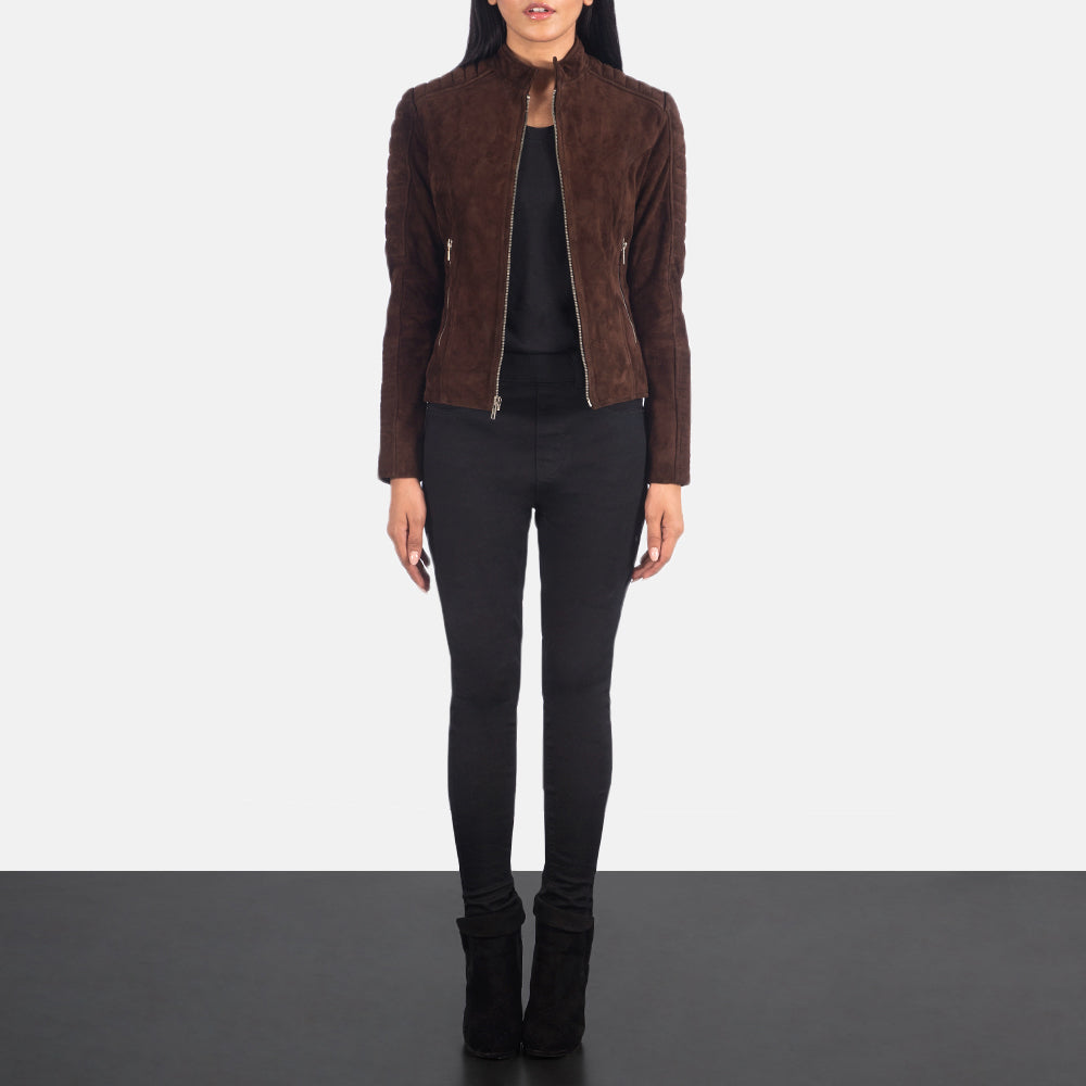 Close-Up Detail of Band &amp; Zipper Hardware on Women's Adalyn Quilted Mocha Suede 真皮机车夹克 女士