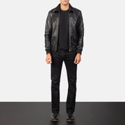 Men's Air Rolf 黑色 真皮飞行员夹克 男士 - Lateral Side Profile View Showing Sleeve Cut &amp; Athletic Taper Fit