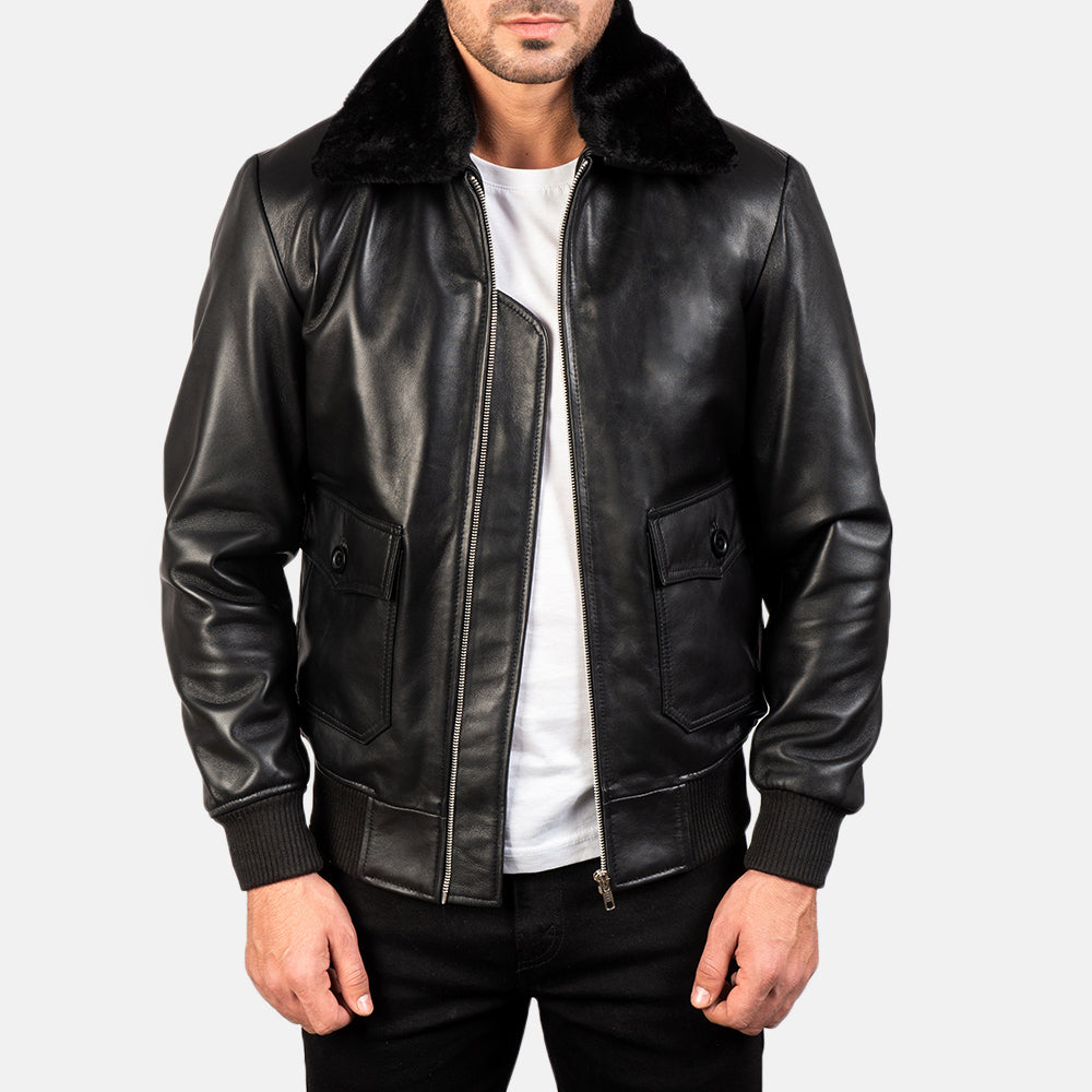 
Airin G-1 经典黑 真皮飞行员夹克 男士 in Black Sheepskin Leather - 正面版型与定制立体剪裁轮廓 | 官方商城选购
