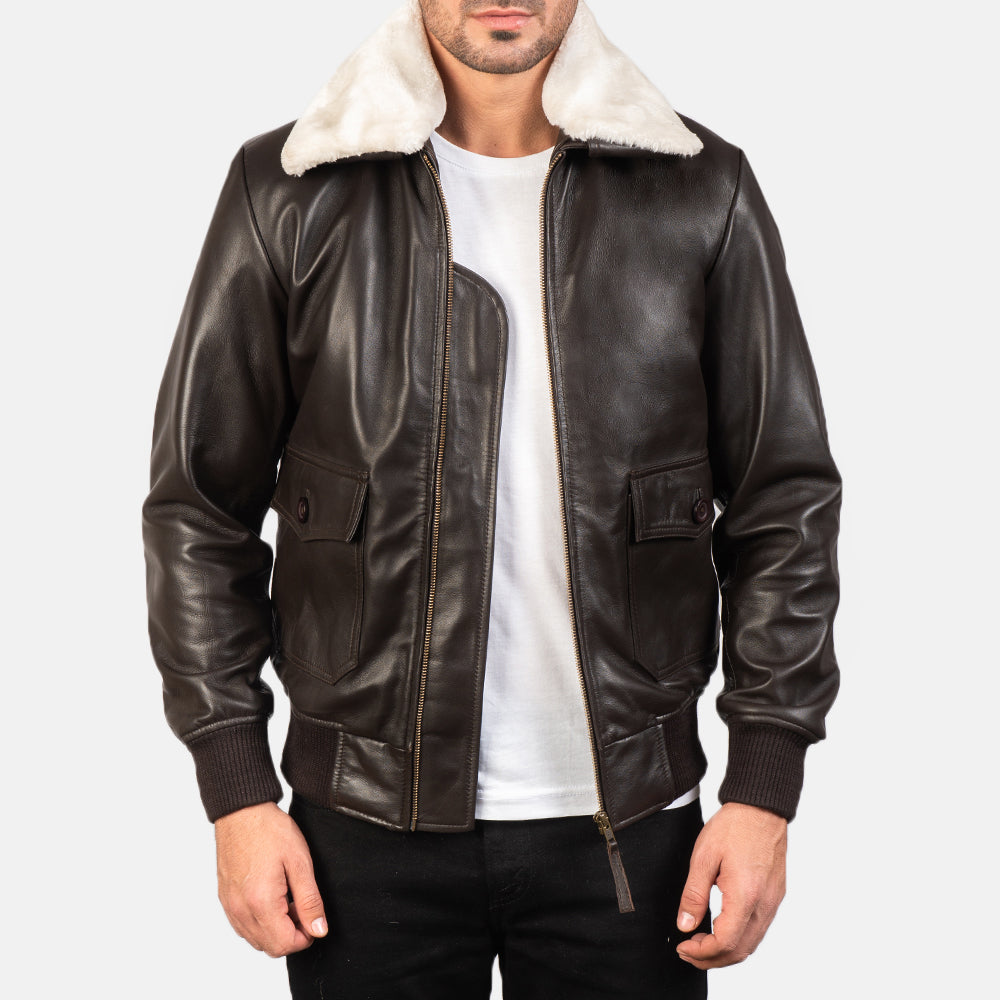
Airin G-1 复古棕 真皮飞行员夹克 男士 in Brown Sheepskin Leather - 正面版型与定制立体剪裁轮廓 | 官方商城选购