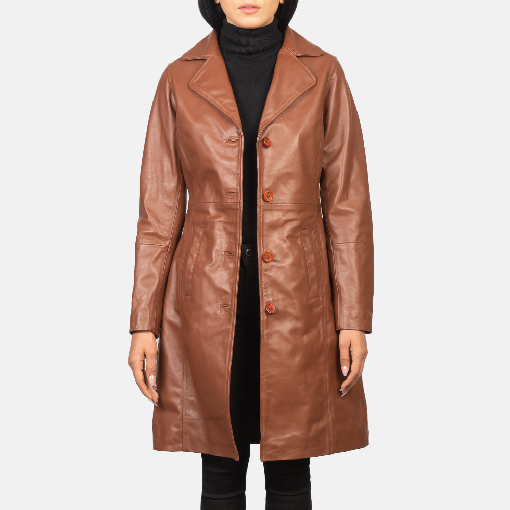 
Alexis 复古棕 Single Breasted 真皮大衣 女士 in Brown Cowhide Leather - 正面版型与定制立体剪裁轮廓 | 官方商城选购