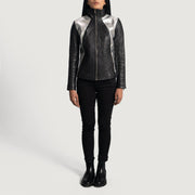 Close-Up Detail of High Neck &amp; Zipper Hardware on Women's Alia Metallic 黑色 真皮机车夹克 女士
