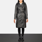 
Alice Black Double Breasted Leather Coat in Black Cowhide Leather - 正面版型与定制立体剪裁轮廓 | 官方商城选购