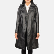 
Alice Black Double Breasted Leather Coat - 展现立体袖型与合身版型的侧身视角