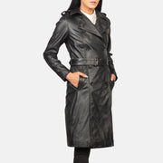 
细节特写 of Notch & Buttons Hardware on Alice Black Double Breasted Leather Coat