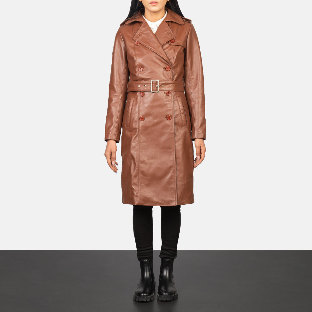 Women's Alice 棕色 Double Breasted 真皮大衣 女士 in Black Cowhide Leather - Front Profile View &amp; Tailored Silhouette | Buy Online