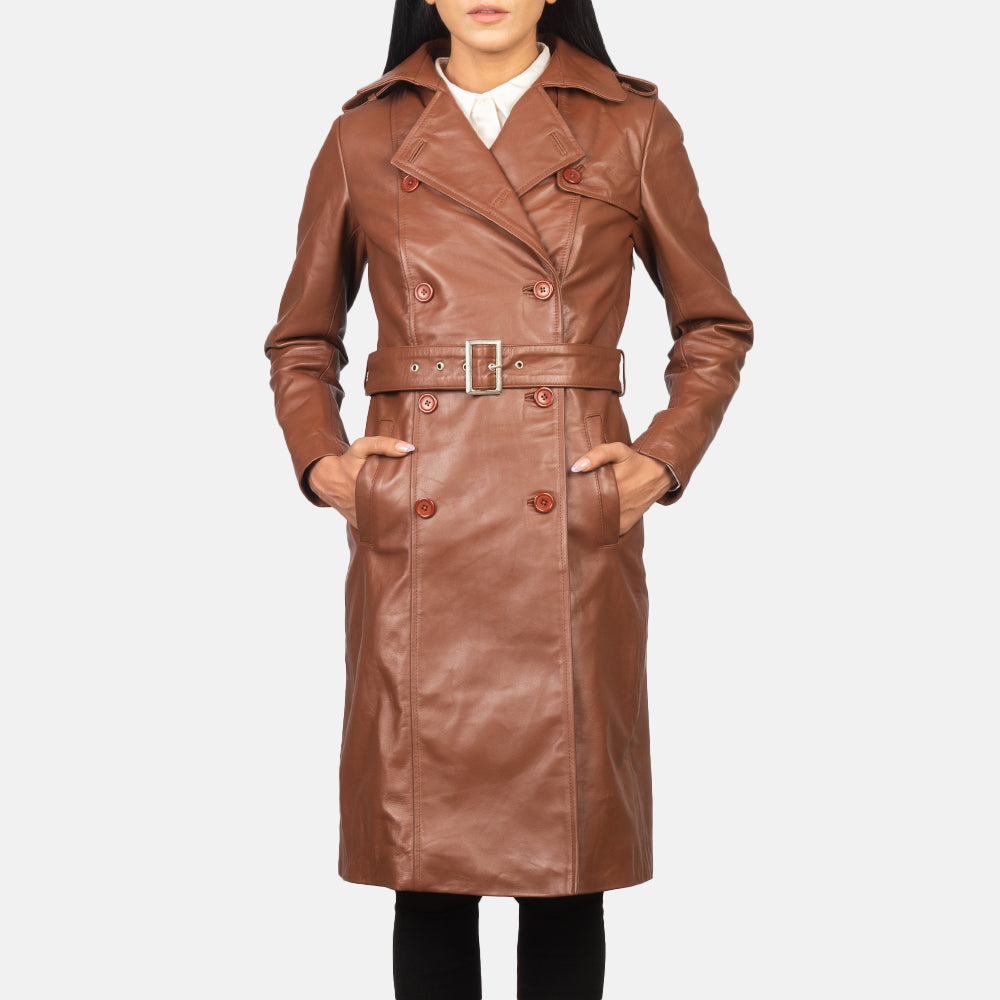 Women's Alice 棕色 Double Breasted 真皮大衣 女士 - Lateral Side Profile View Showing Sleeve Cut &amp; Athletic Taper Fit