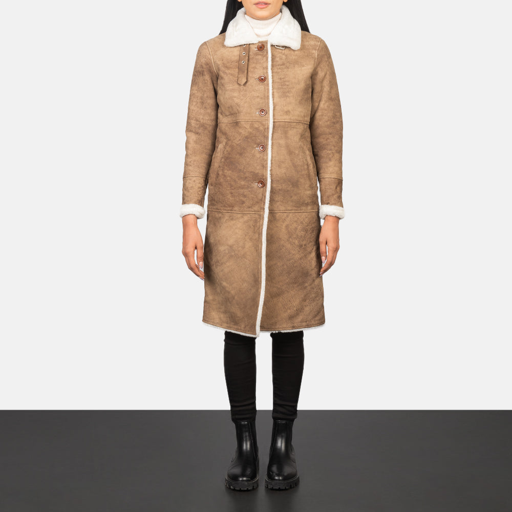 
Alina Shearling 复古棕 真皮大衣 女士 - 展现立体袖型与合身版型的侧身视角