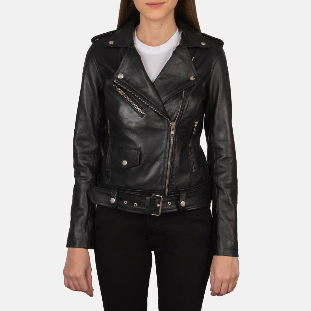 
Alison 经典黑 真皮机车皮衣 女士 in Black Cowhide Leather - 正面版型与定制立体剪裁轮廓 | 官方商城选购