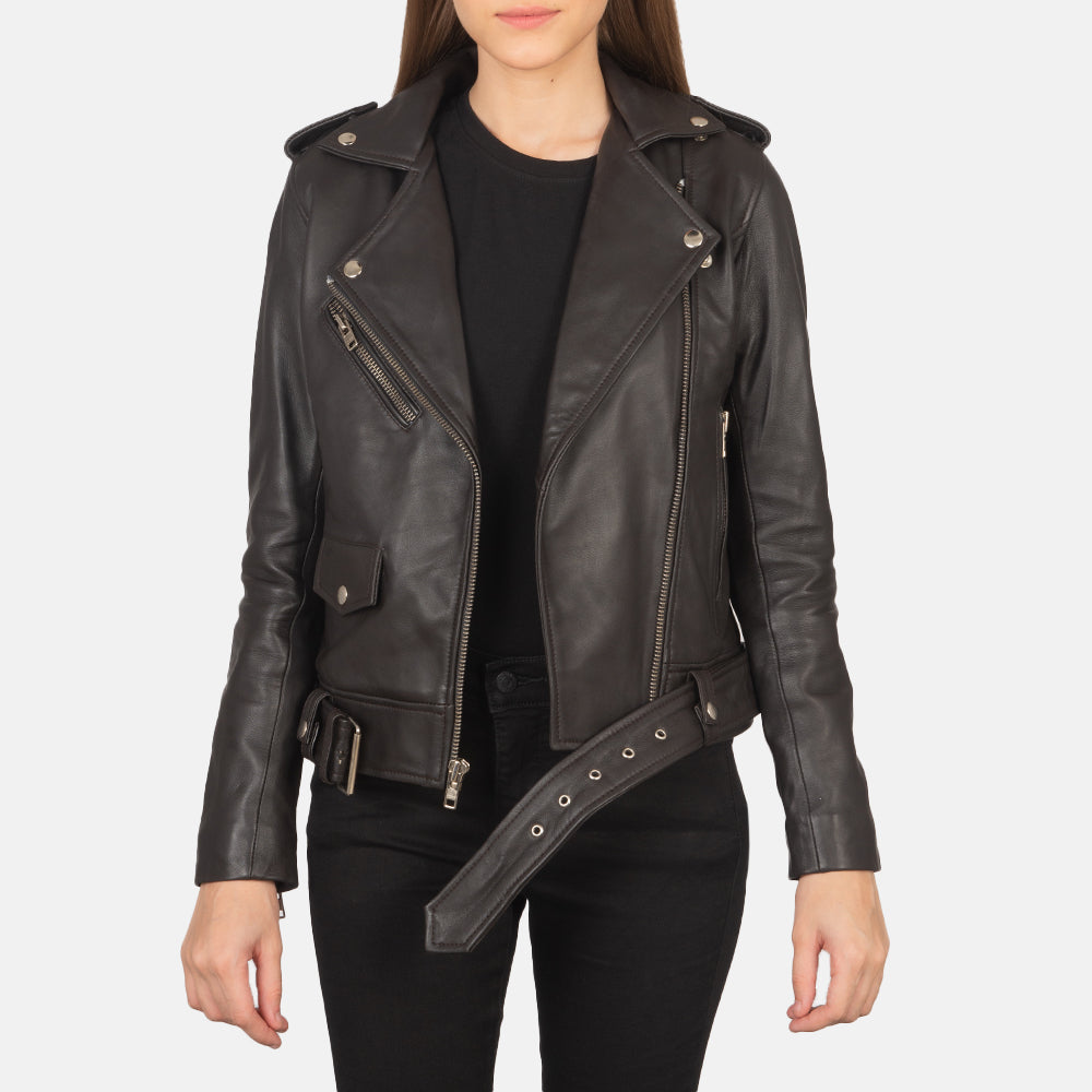 Women's Alison 棕色 真皮机车夹克 女士 in Brown Sheepskin Leather - Front Profile View &amp; Tailored Silhouette | Buy Online