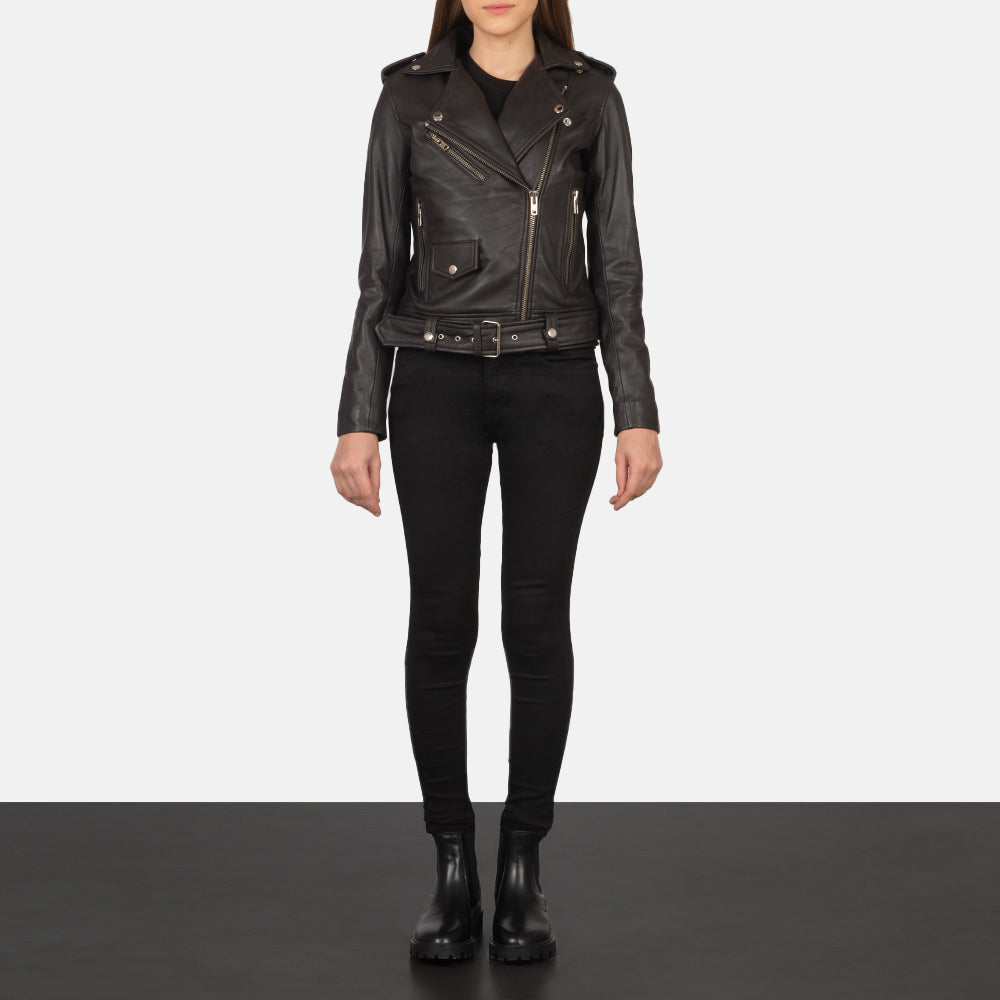Women's Alison 棕色 真皮机车夹克 女士 - Lateral Side Profile View Showing Sleeve Cut &amp; Athletic Taper Fit