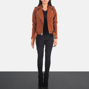Women's Alison 棕色 Suede 真皮机车夹克 女士 - Lateral Side Profile View Showing Sleeve Cut &amp; Athletic Taper Fit