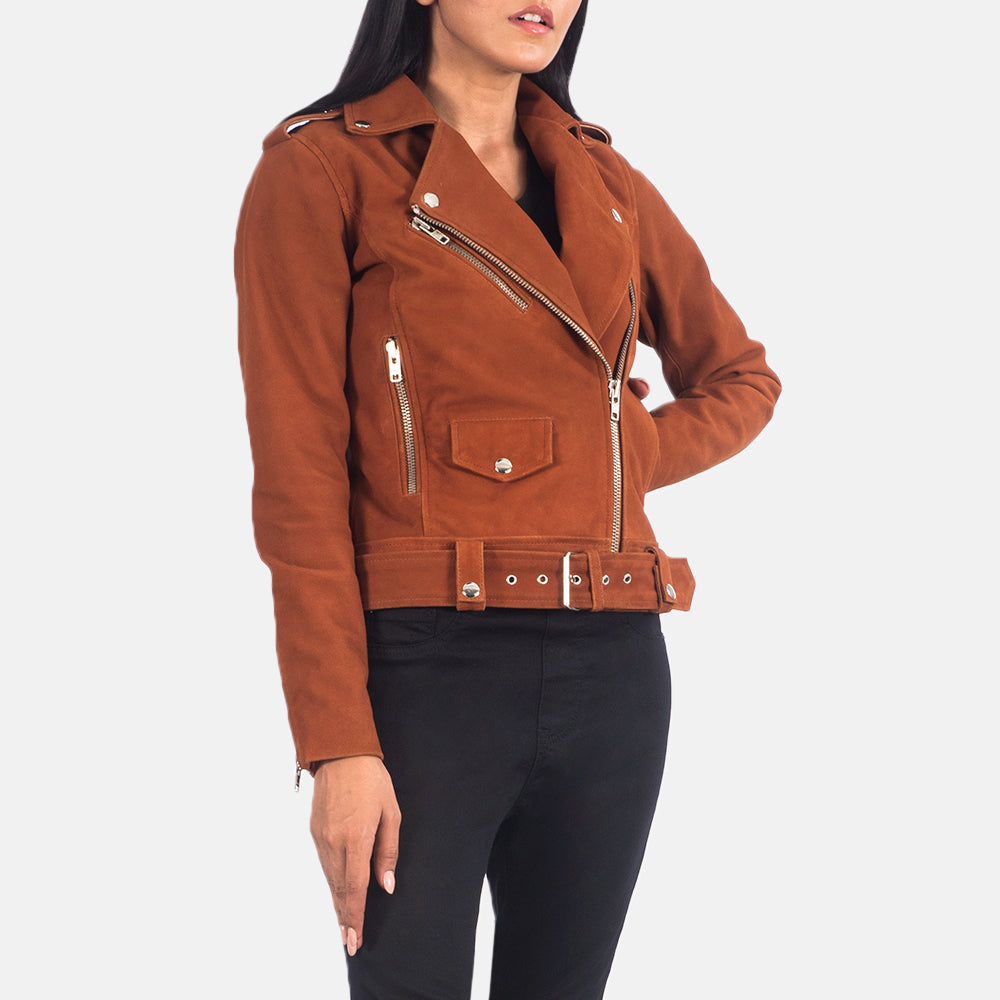 Close-Up Detail of Notch & Zipper Hardware on Women's Alison Brown Suede Biker Jacket
