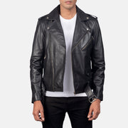 
Allaric Alley Black Leather Biker Jacket in Black Cowhide Leather - 正面版型与定制立体剪裁轮廓 | 官方商城选购