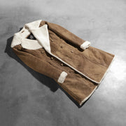 Open Hem &amp; Hem Craftsmanship Construction Detail on Amie Distressed Brown Double Breasted Shearling Coat
