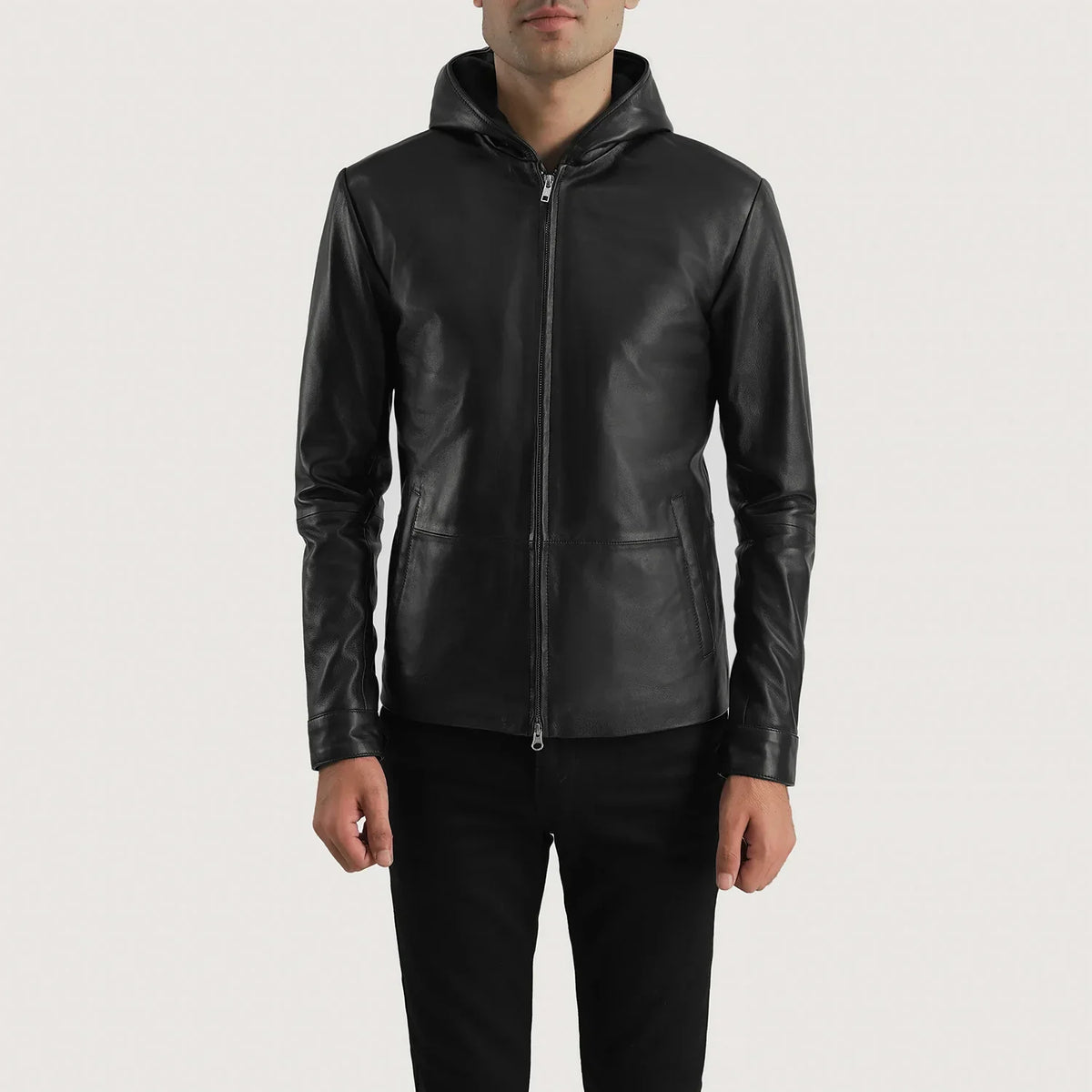 
Andy Matte 经典黑 Hooded 真皮夹克 男士 in Matte Black Sheepskin Leather - 正面版型与定制立体剪裁轮廓 | 官方商城选购