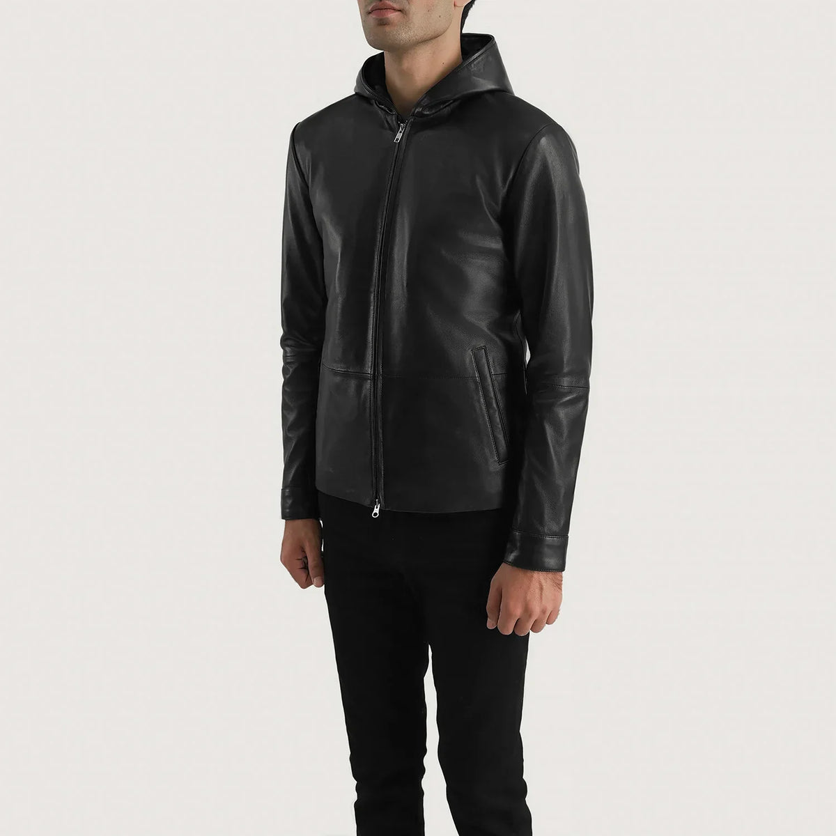 
Matte Black Sheepskin Leather Hooded Jacket - 展现肩线贴合与利落下摆的背部视角