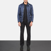 Close-Up Detail of Belted Band &amp; Button Hardware on Men's Barry Quilted Blue Windbreaker 真皮夹克 男士