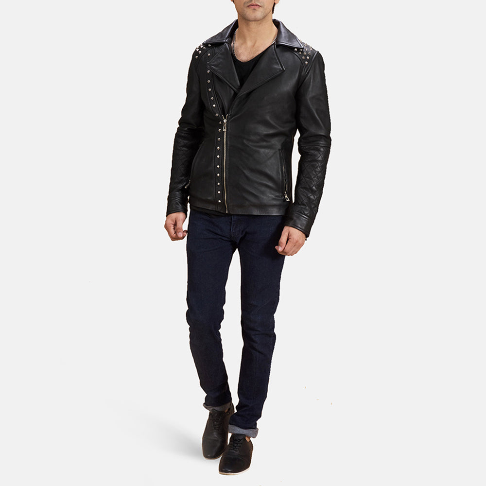 Men's 黑色 Studded 真皮机车夹克 男士 - Lateral Side Profile View Showing Sleeve Cut &amp; Athletic Taper Fit