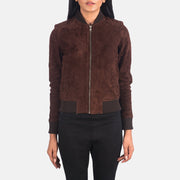 Close-Up Detail of Varsity - Rib Knit &amp; Zipper with Wind Flap Hardware on Women's Bliss 棕色 Suede 真皮飞行员夹克 女士