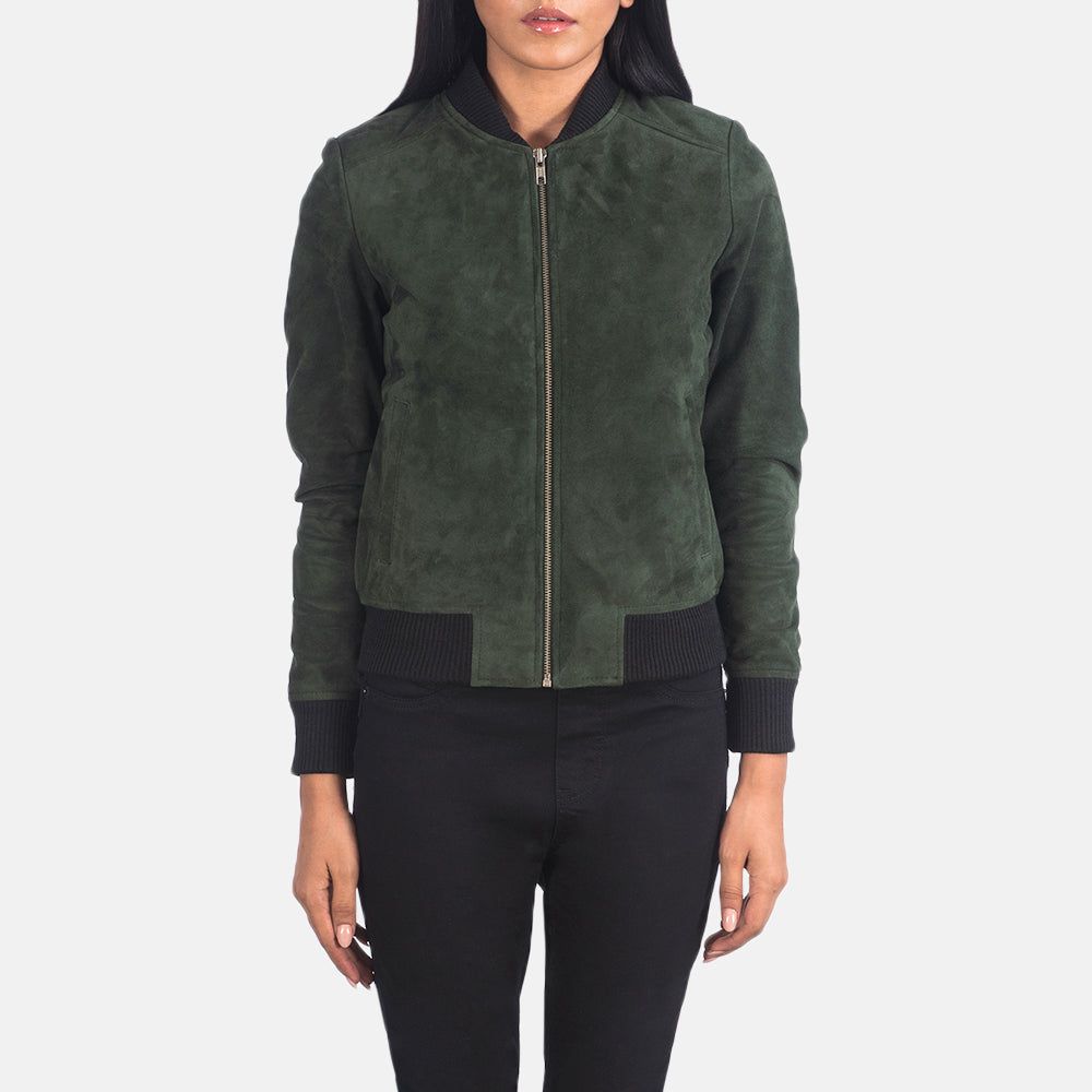 Close-Up Detail of Varsity - Rib Knit &amp; Zipper with Wind Flap Hardware on Women's Bliss Green Suede 真皮飞行员夹克 女士