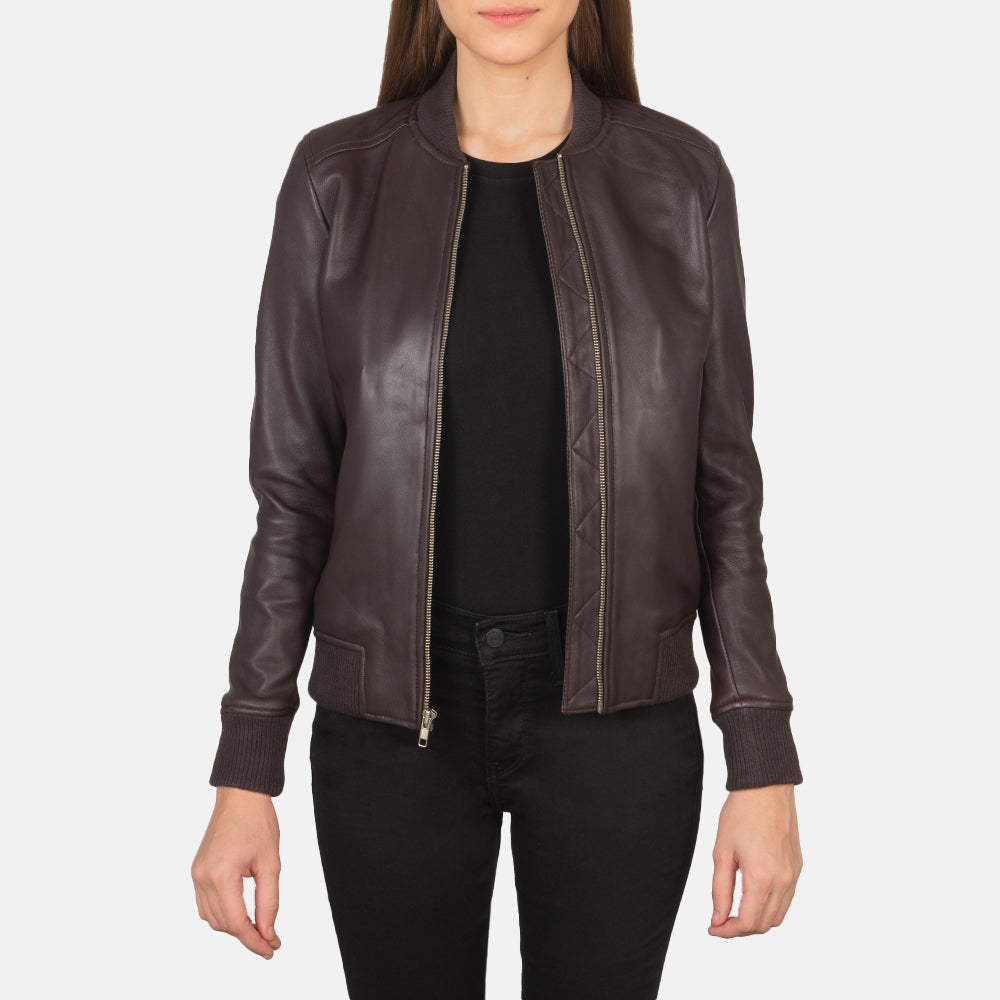 
Bliss 栗褐色 真皮飞行员夹克 女士 in Maroon Sheepskin Leather - 正面版型与定制立体剪裁轮廓 | 官方商城选购