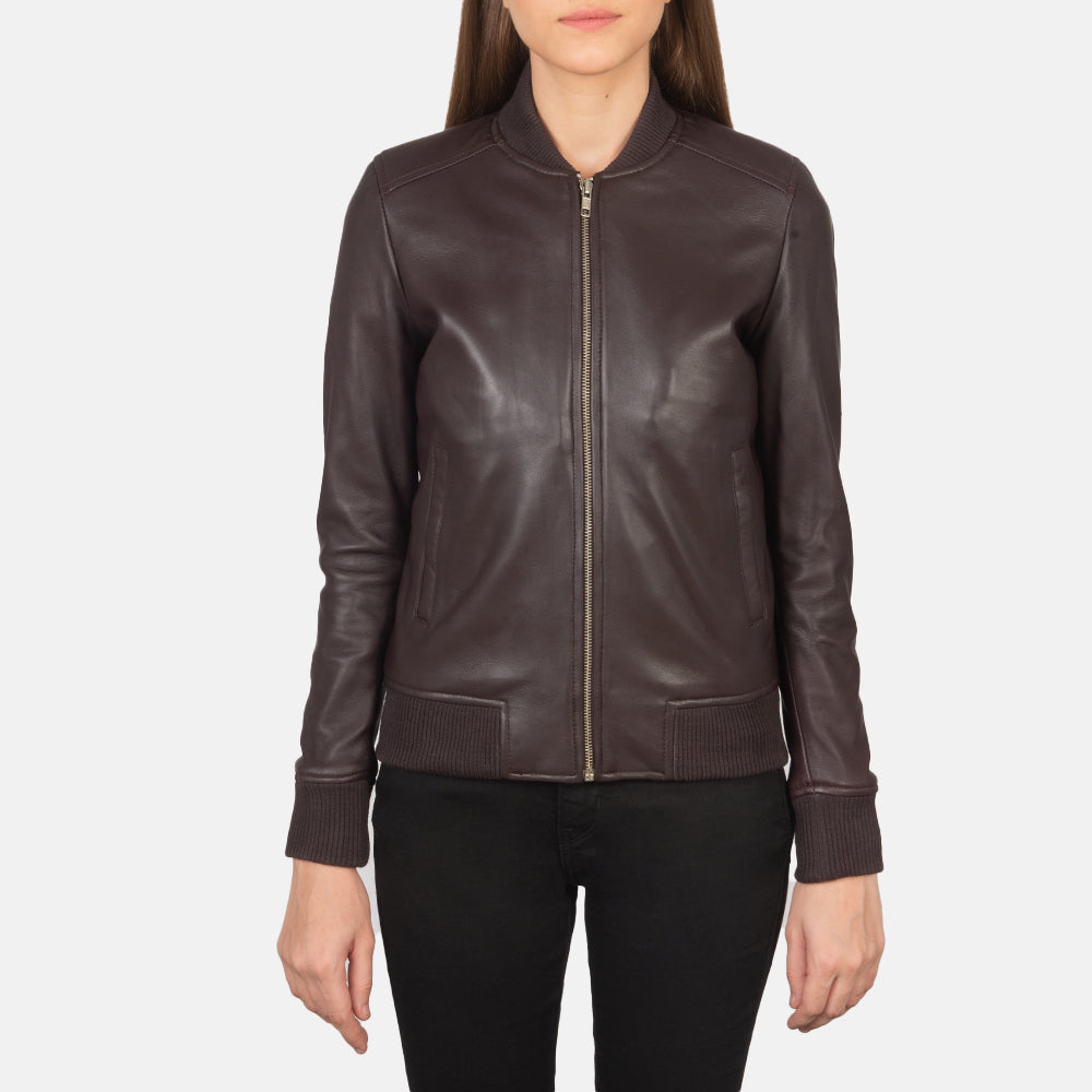 
细节特写 of Varsity - Rib Knit & Zipper with Wind Flap Hardware on Bliss 栗褐色 真皮飞行员夹克 女士