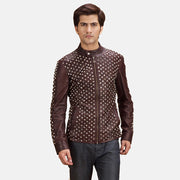 Blix Bono Maroon 真皮机车夹克 男士 in Maroon Sheepskin Leather - Front Profile View &amp; Tailored Silhouette | Buy Online