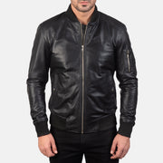 Close-Up Detail of Rib Knit &amp; Zipper Hardware on Men's Bomia Ma-1 Black Leather Bomber Jacket