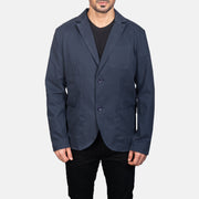 Close-Up Detail of Notch &amp; Button Hardware on Borges Navy Blue 真皮西装外套 男士