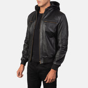 
Black Cowhide Leather Bomber Jacket - 展现肩线贴合与利落下摆的背部视角