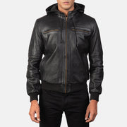 
Bouncer Biz Black Leather Hooded Bomber Jacket - 展现立体袖型与合身版型的侧身视角