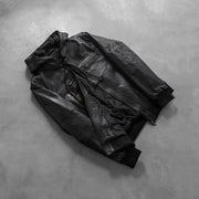 
模特上身效果： Bouncer Biz Black Leather Hooded Bomber Jacket 模特试穿展示（自然光垂坠质感）