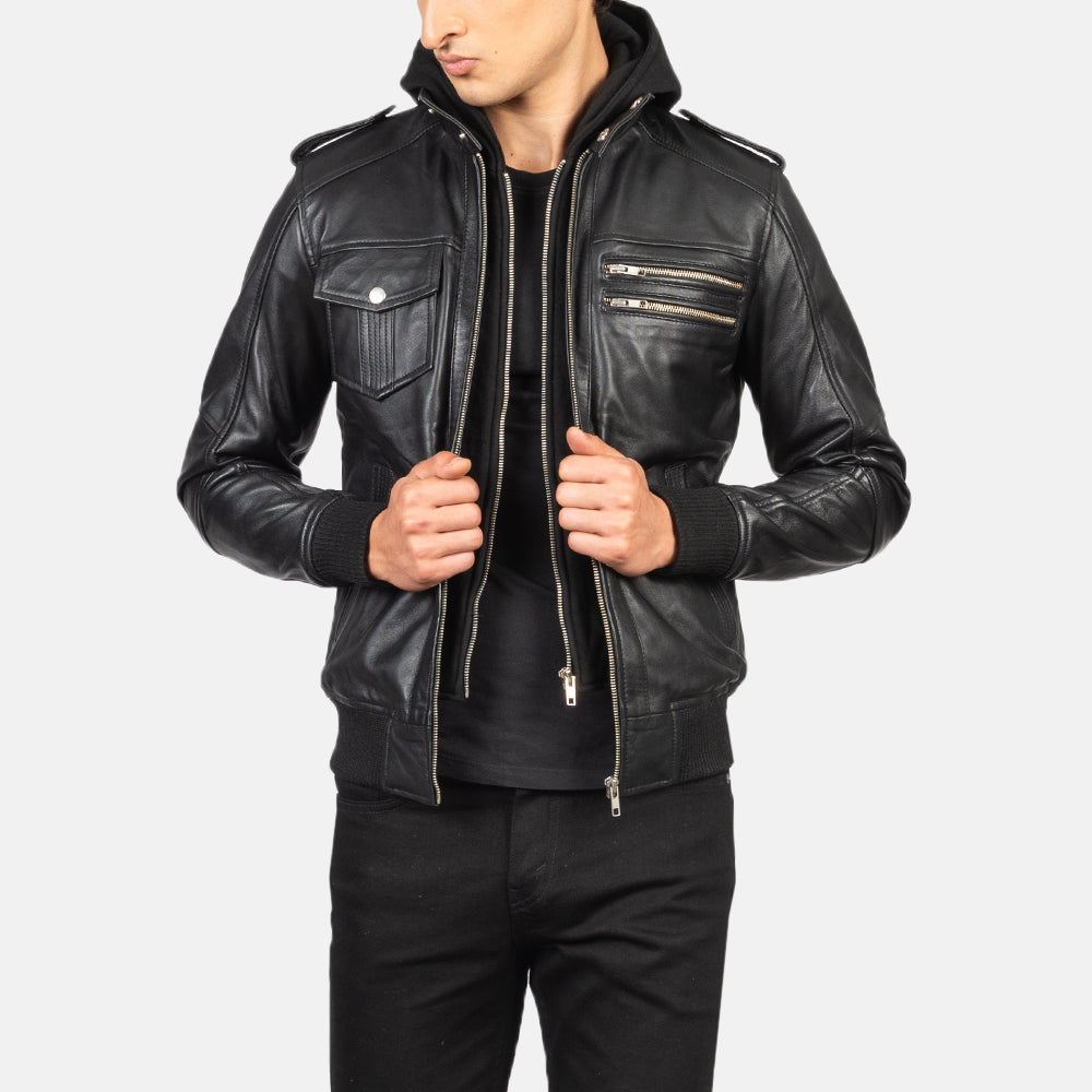 
Bravado Black Hooded Leather Bomber Jacket in Black Sheepskin Leather - 正面版型与定制立体剪裁轮廓 | 官方商城选购
