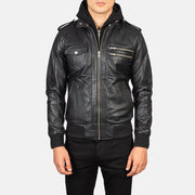 
细节特写 of High Neck & Zipper Hardware on Bravado Black Hooded Leather Bomber Jacket