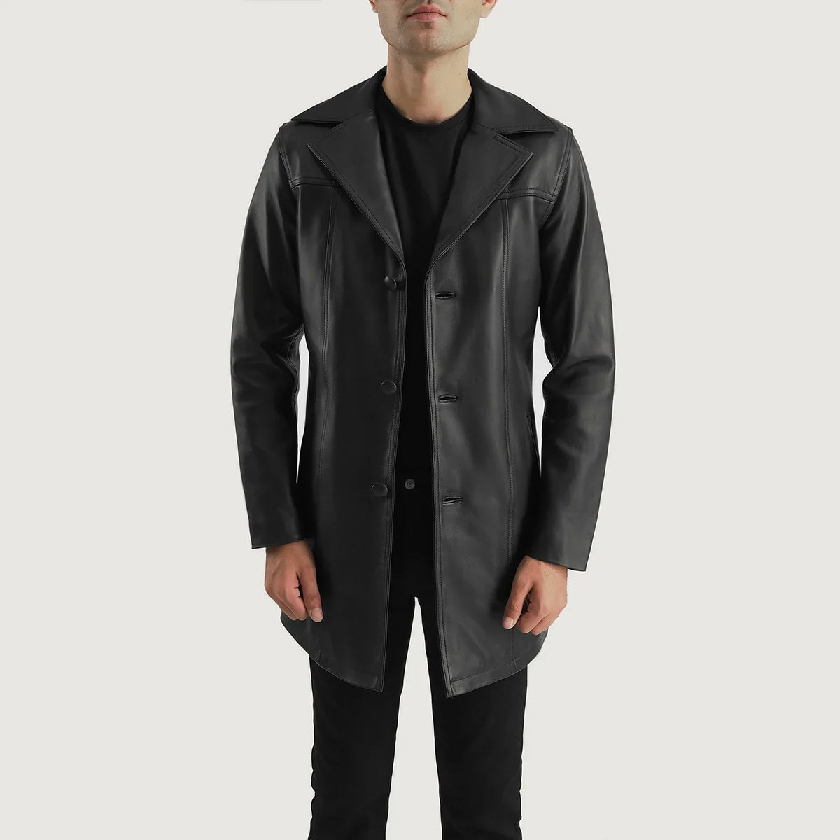 
Brawnton 经典黑 真皮大衣 男士 in Black Cowhide Leather - 正面版型与定制立体剪裁轮廓 | 官方商城选购