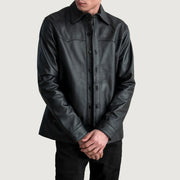 
Bronco 经典黑 Leather Shirt 男士 in Black Sheepskin Leather - 正面版型与定制立体剪裁轮廓 | 官方商城选购