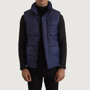 Bryan Blue Puffer Vest 男士 in Blue Full-Grain Leather - Front Profile View &amp; Tailored Silhouette | Buy Online