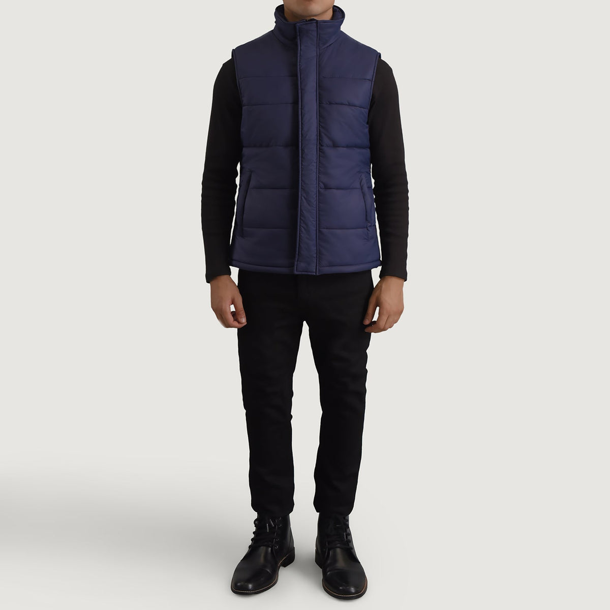 Bryan Blue Puffer Vest 男士 - Lateral Side Profile View Showing Sleeve Cut &amp; Athletic Taper Fit
