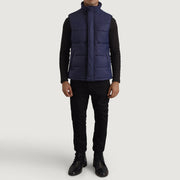 Bryan Blue Puffer Vest 男士 - Lateral Side Profile View Showing Sleeve Cut &amp; Athletic Taper Fit