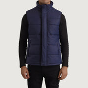 Close-Up Detail of Classic Collar &amp; Zipper With Placket Hardware on Bryan Blue Puffer Vest 男士
